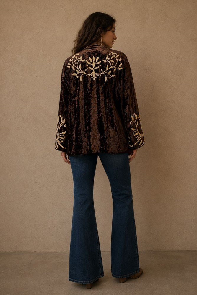 Velvet Embroidered Kimono Jacket- Dark Brown