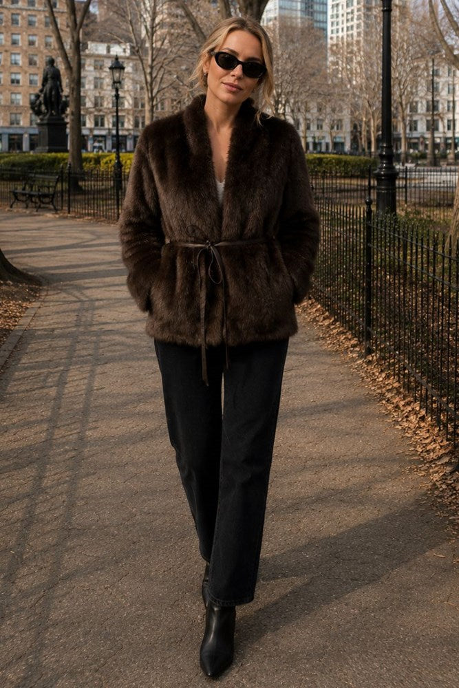 Hudson Faux Fur Jacket with Tie - Chocolate