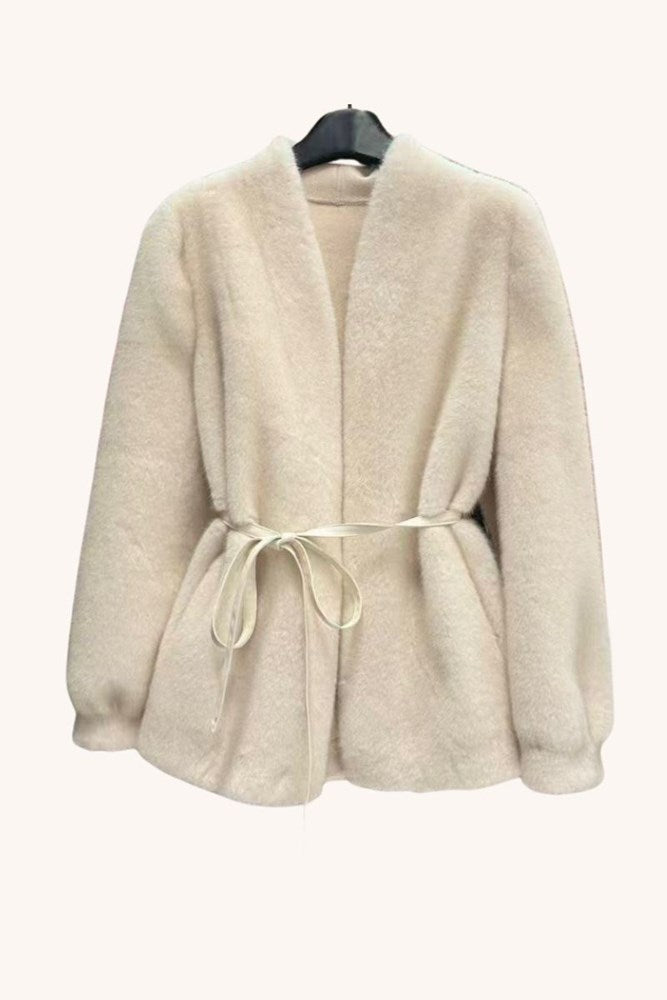 Hudson Faux Fur Jacket with Tie- Creamy Stone