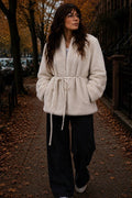 Hudson Faux Fur Jacket with Tie- Creamy Stone