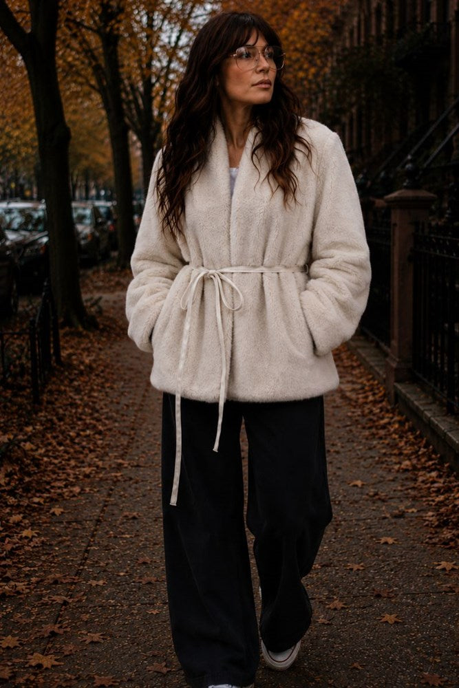 Hudson Faux Fur Jacket with Tie- Creamy Stone
