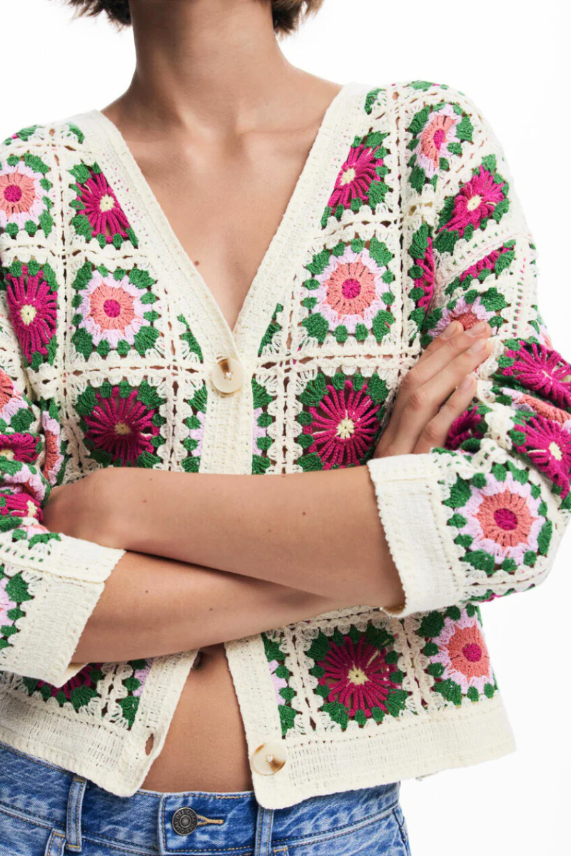 Shop Ivory Floral Knit Crochet Cardigan by Desigual - Origen Imports