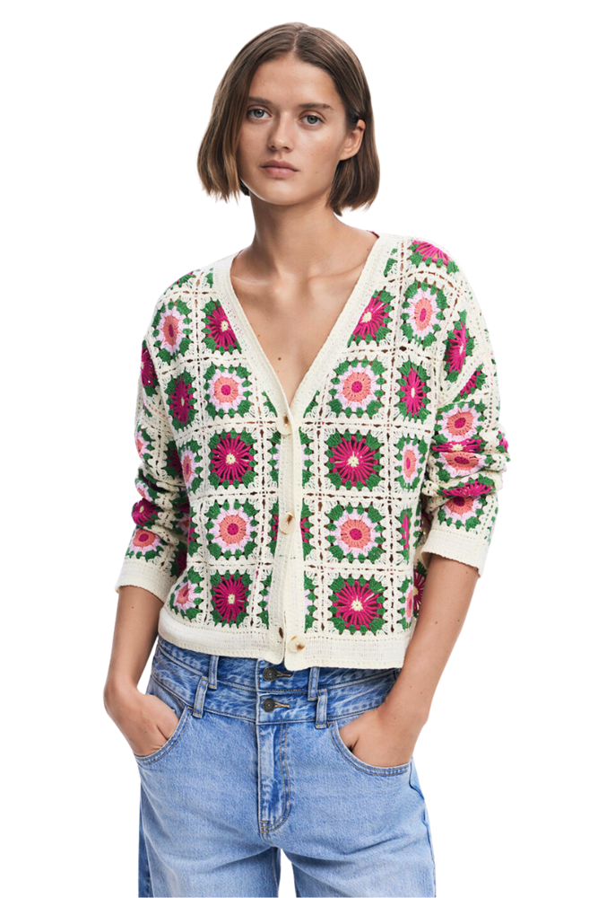 Shop Ivory Floral Knit Crochet Cardigan by Desigual - Origen Imports