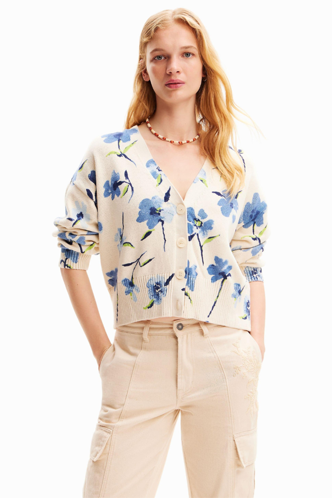 Shop Jers Mantis Cream & Blue Floral Cardigan By Desigual - Origen Imports