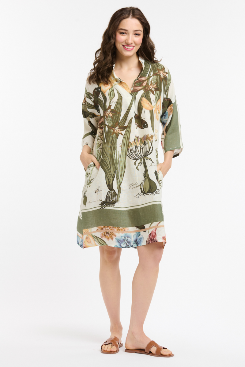 Shop Khaki Linen Flower Dress by Urban Luxury - Origen Imports