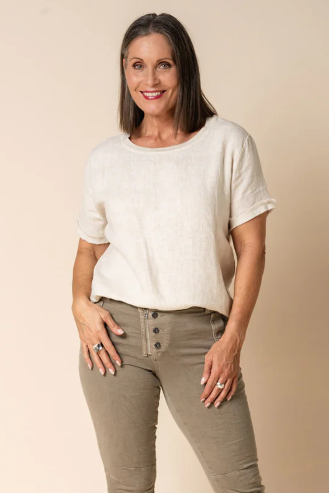 Shop Beige Amantha Linen Top by Imagine Fashion - Origen Imports