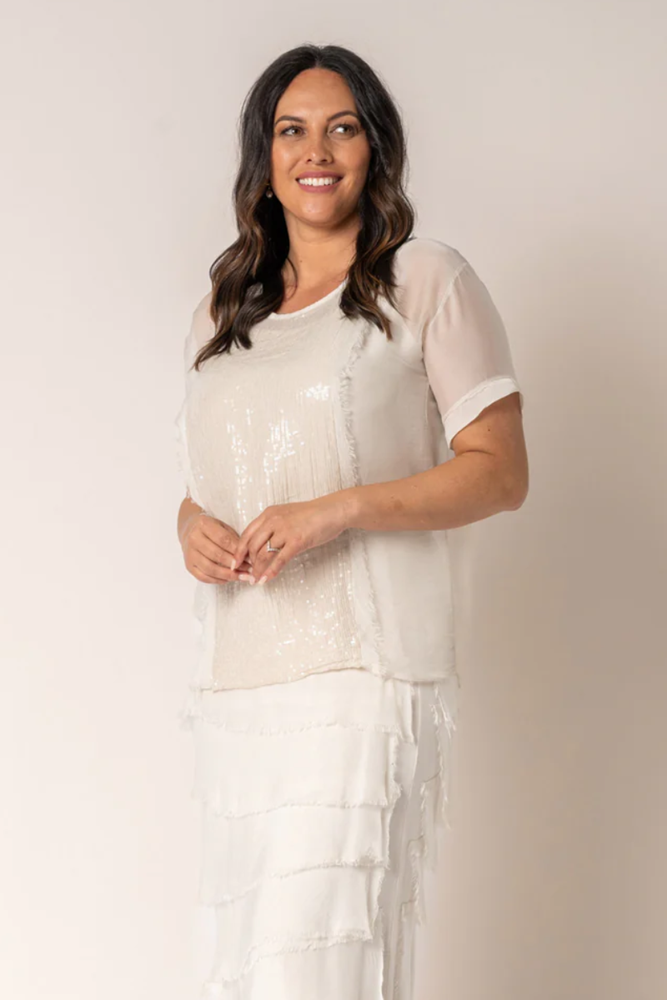 Shop Beige Milla Silk Top by Imagine Fashion - Origen Imports