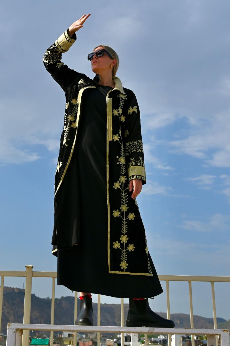 Shop Lavanya  Embroidered Silk Velvet Long Coat in Black & Cream By Origen - Origen Imports