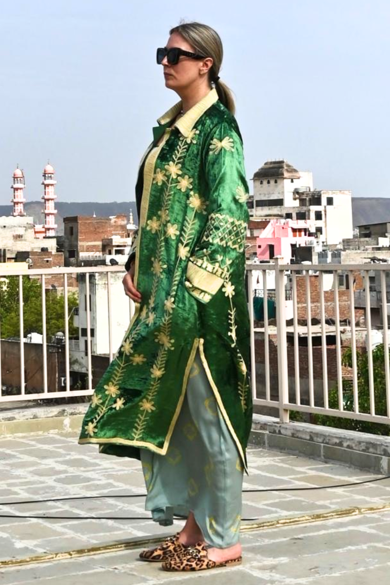 Shop Lavanya  Embroidered Silk Velvet Long Coat in Green & Cream By Origen - Origen Imports
