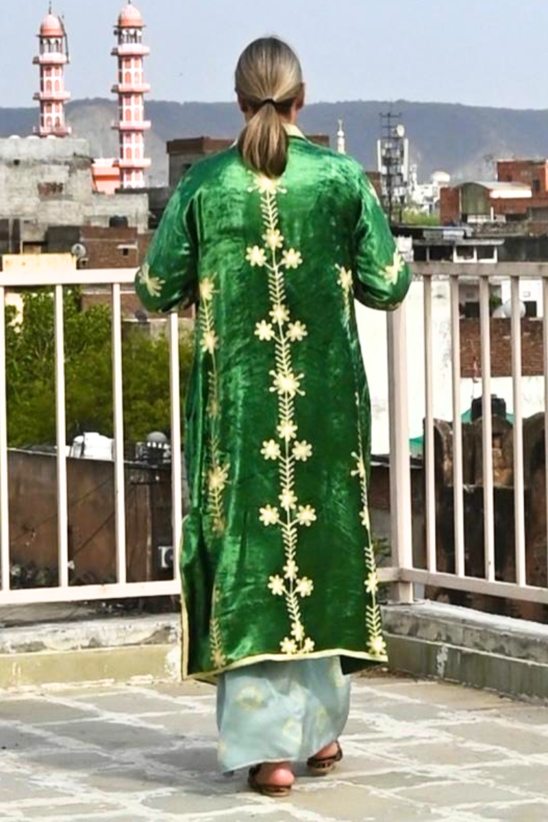 Shop Lavanya  Embroidered Silk Velvet Long Coat in Green & Cream By Origen - Origen Imports
