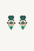 Pair of green earrings with decorative elements on a white background