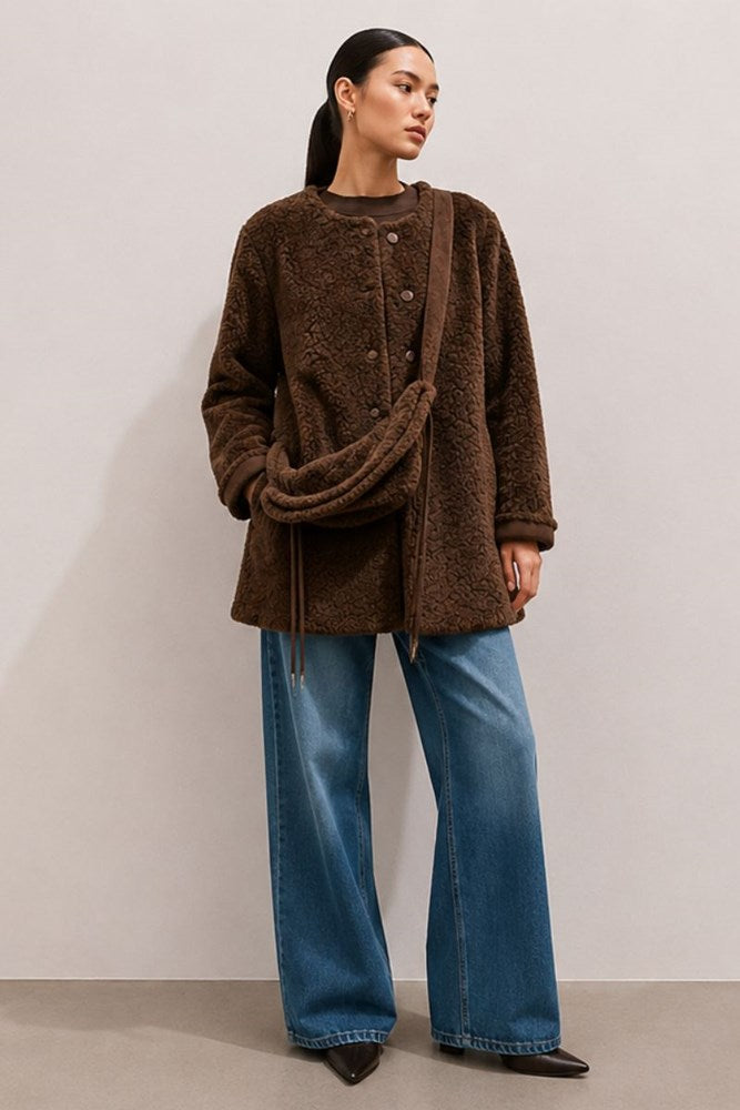 Luxe Collarless Faux Shearling Midi Coat