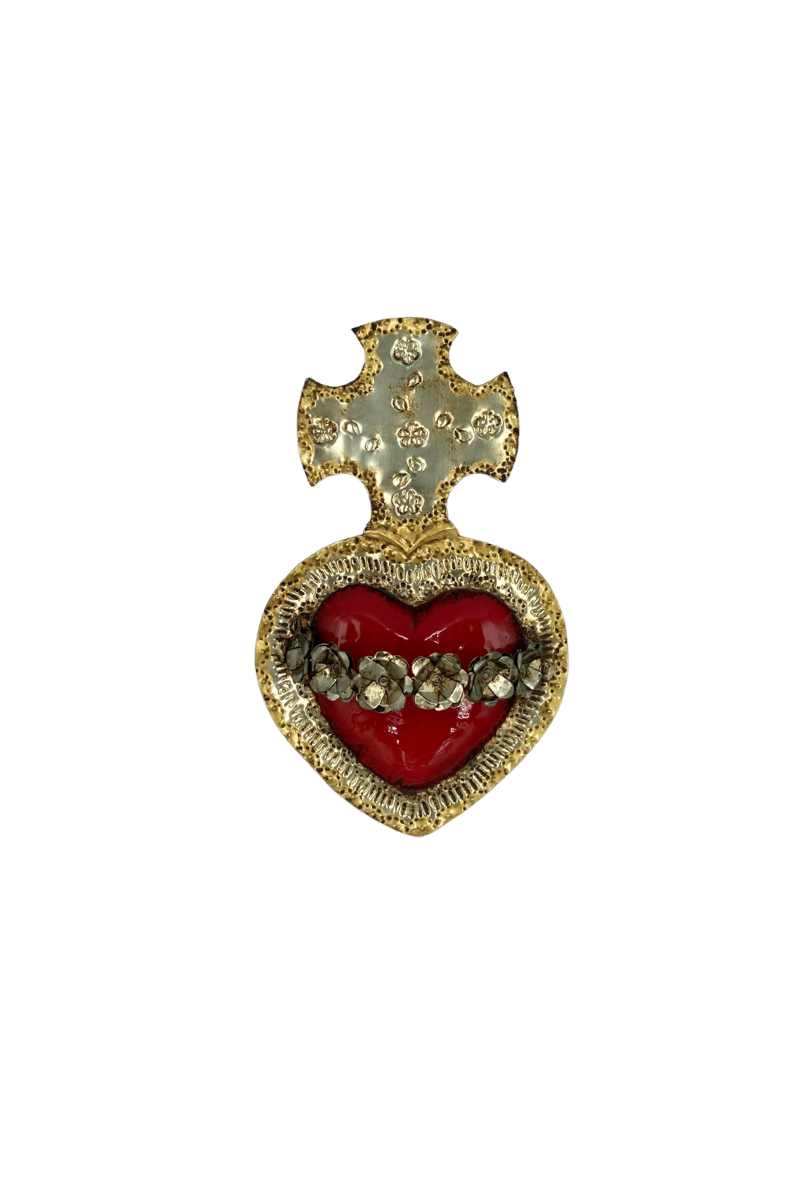 Shop Mexican Red Tin Wall Hanging Heart with Cross and Flowers - Origen Imports