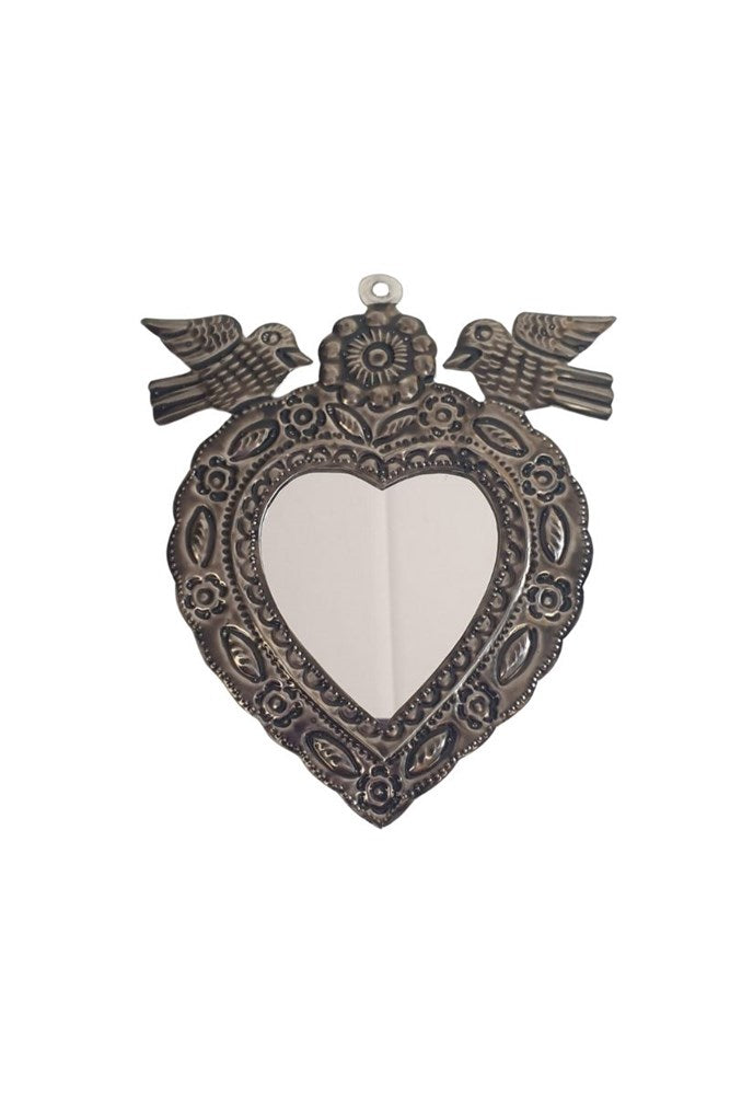 Mexican Silver Tin Heart With Doves Small