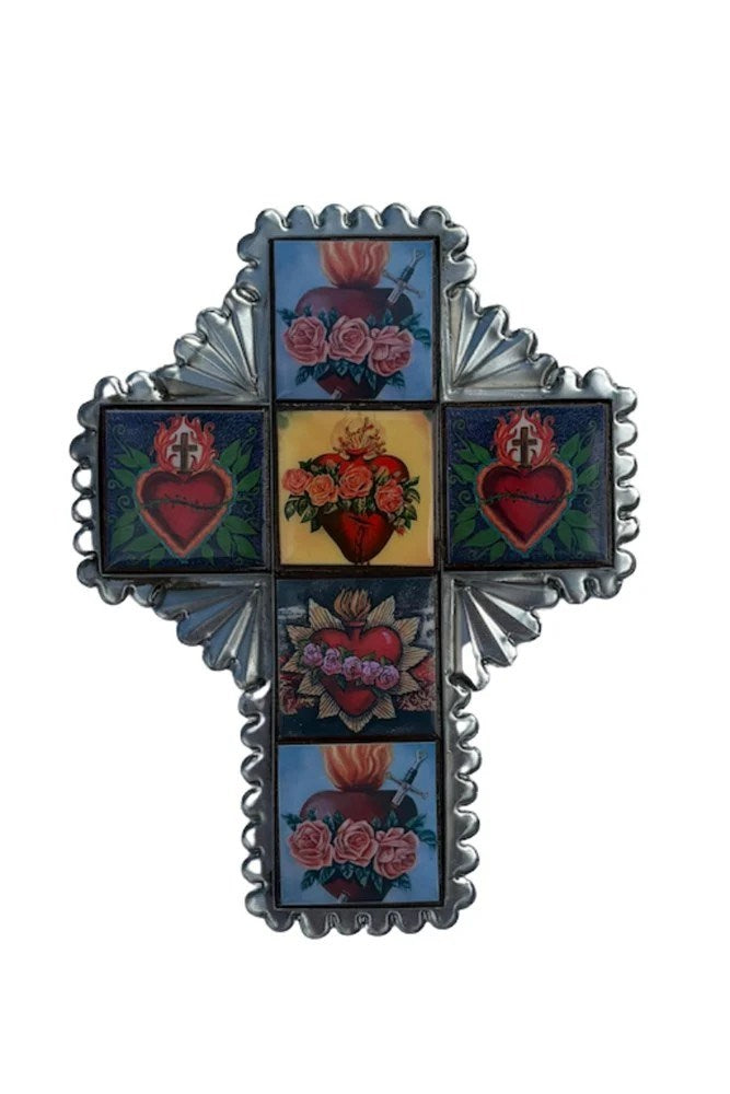 Mexican Tin Cross With Heart Tiles