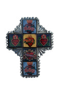 Decorative cross with colorful heart and flower designs on a white background