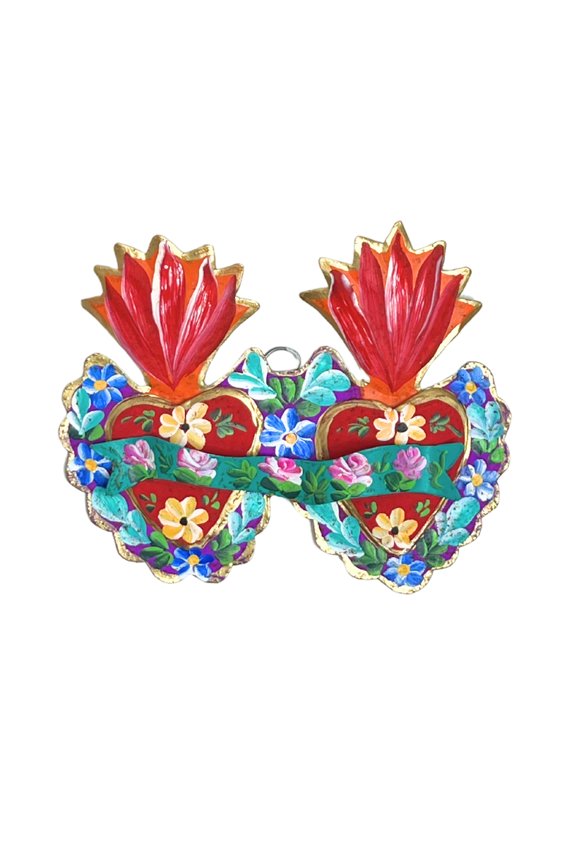Shop Mexican Tin Hand Painted Double Heart - Origen Imports