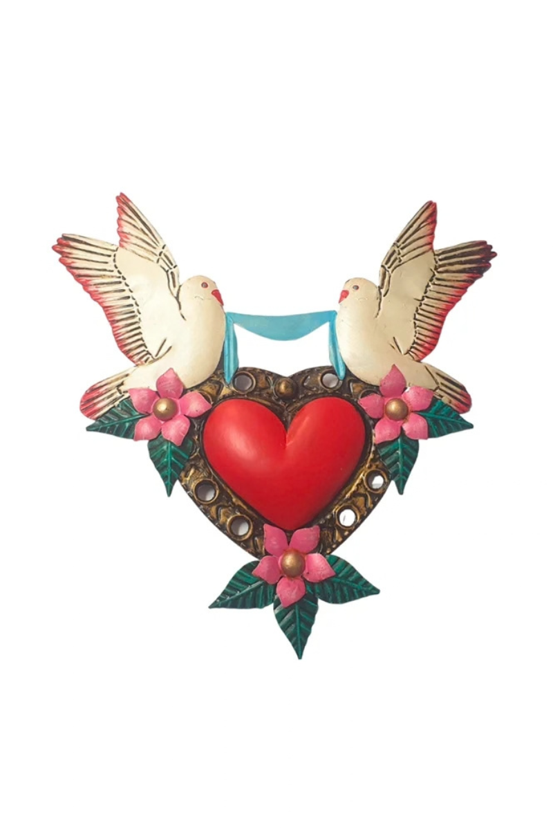 Mexican Tin Heart With 2 Doves
