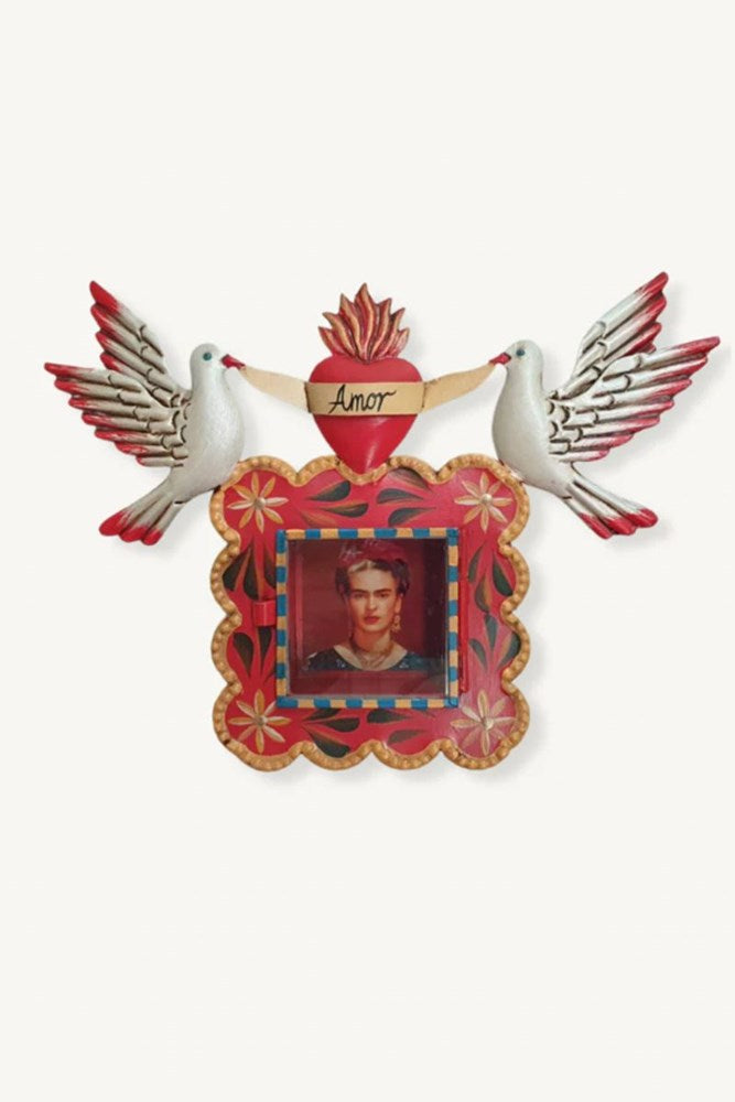 Mexican Tin Nicho Frida w Heart & Doves