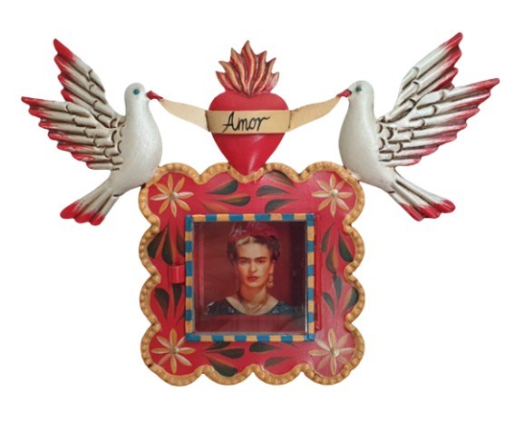 Mexican Tin Nicho Frida w Heart & Doves