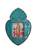Decorative heart-shaped frame with a colorful depiction of a religious figure on a white background
