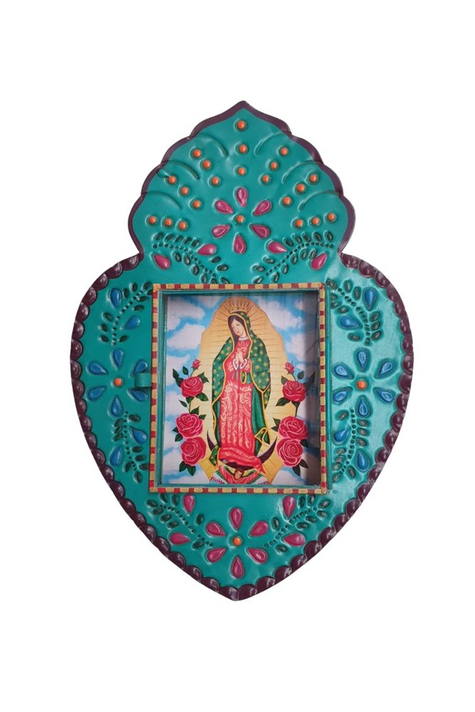 Mexican Tin Heart Nicho W/Virgin of Guadelupe