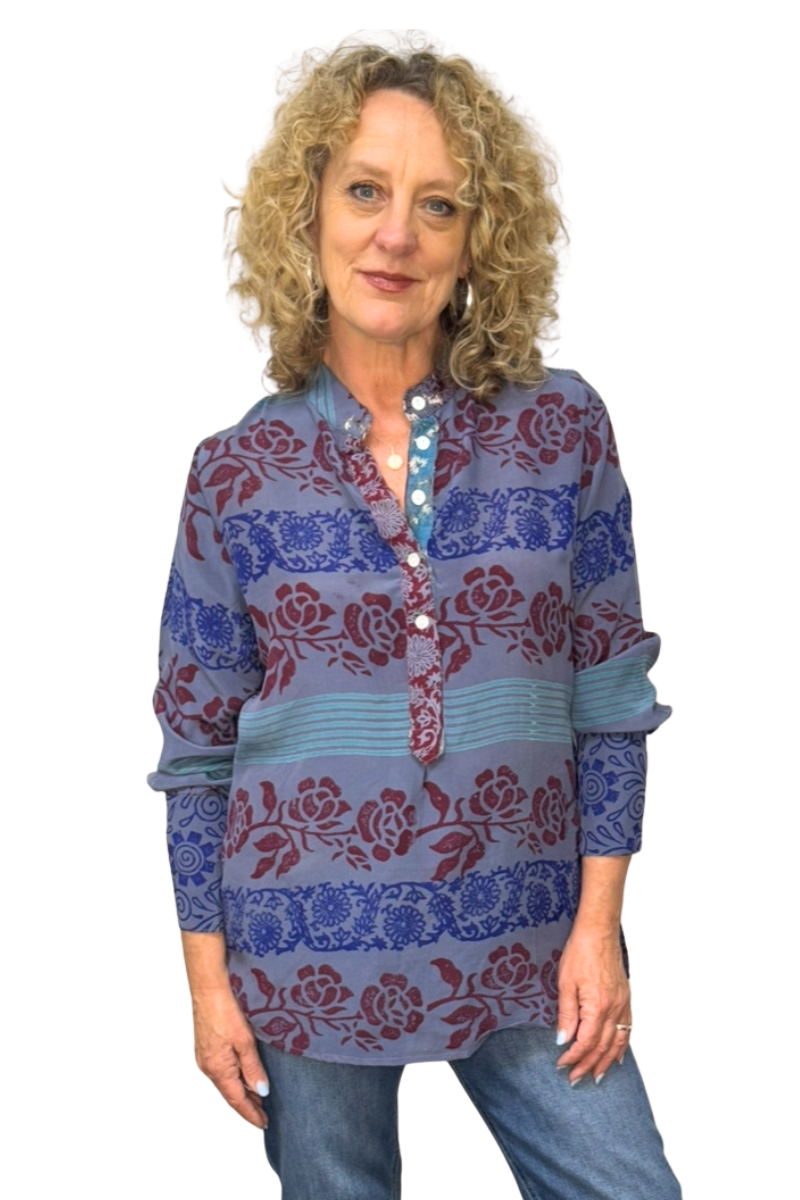 Shop Amita Repurposed Silk Shirt with Mandarin Collar By Origen Imports - Origen Imports