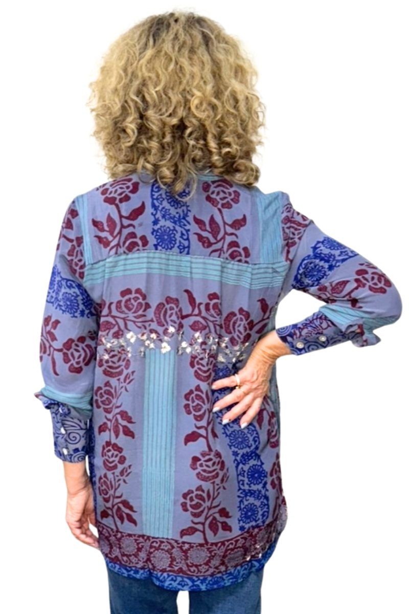 Shop Amita Repurposed Silk Shirt with Mandarin Collar By Origen Imports - Origen Imports