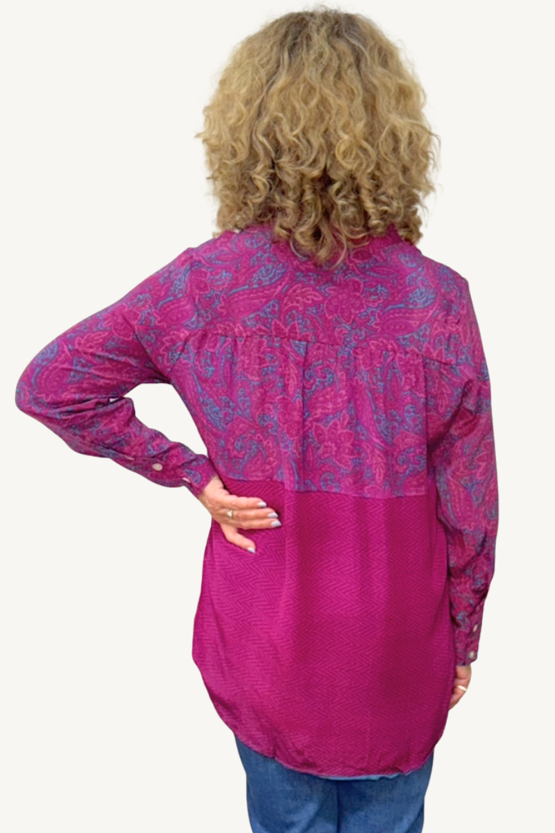 Shop Amita Repurposed Silk Shirt with Mandarin Collar By Origen Imports - Origen Imports