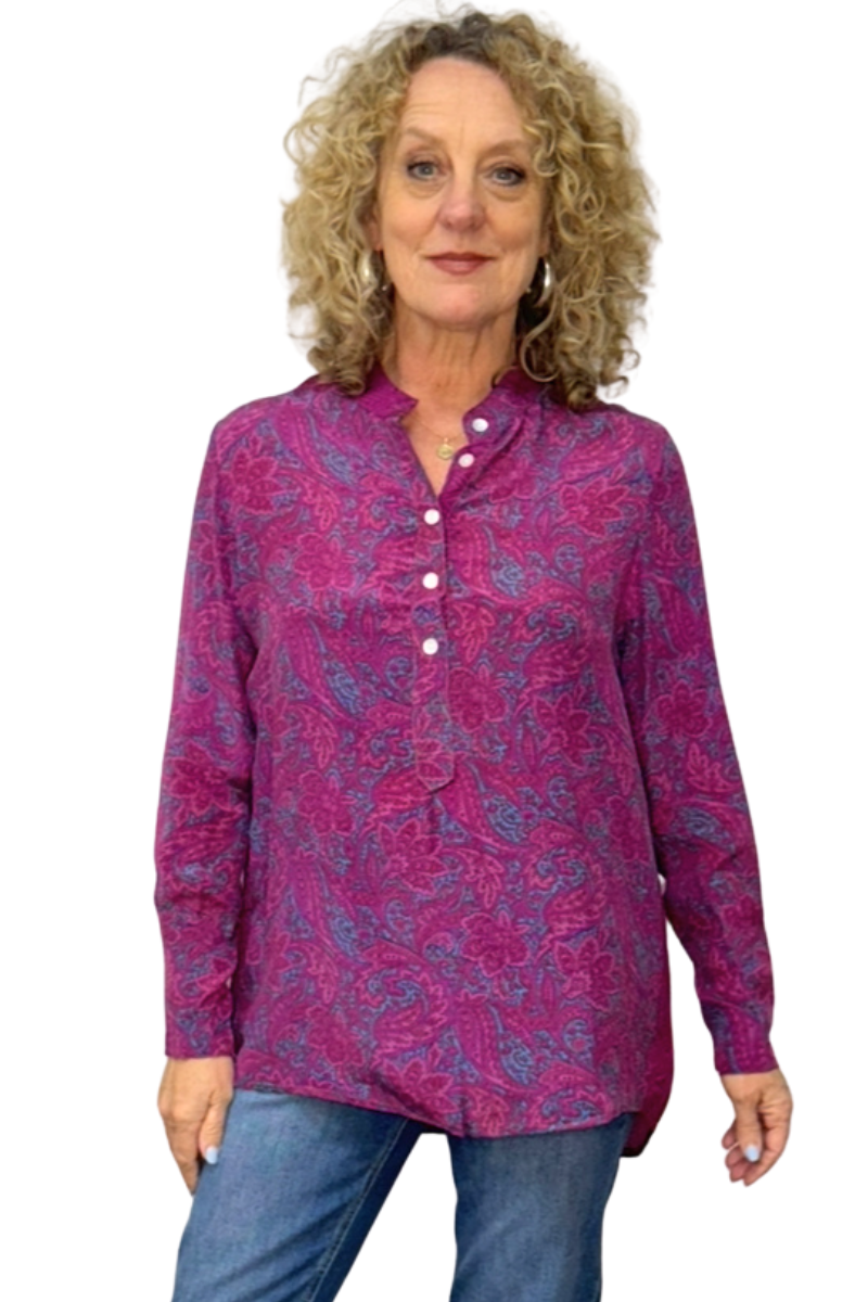 Shop Amita Repurposed Silk Shirt with Mandarin Collar By Origen Imports - Origen Imports