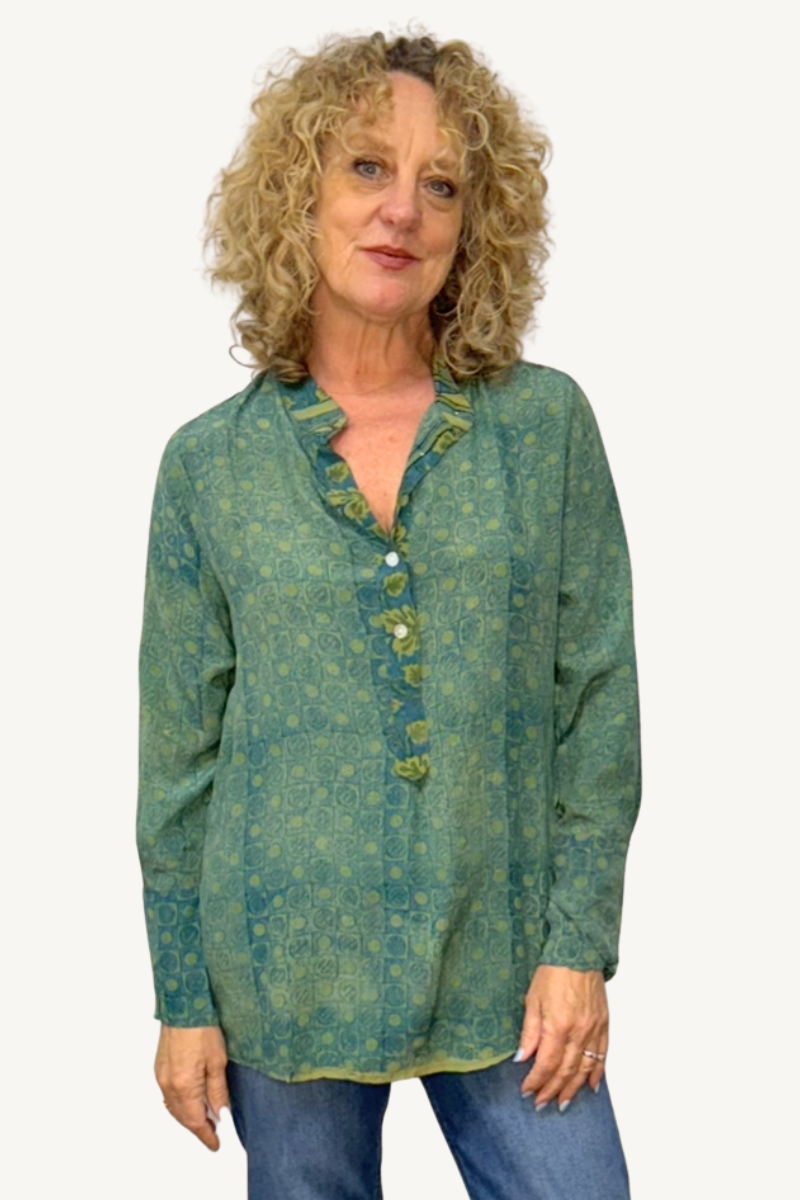 Shop Amita Repurposed Silk Shirt with Mandarin Collar By Origen Imports - Origen Imports
