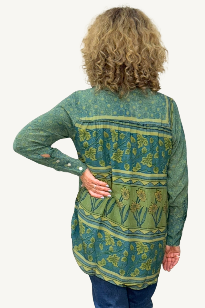 Shop Amita Repurposed Silk Shirt with Mandarin Collar By Origen Imports - Origen Imports