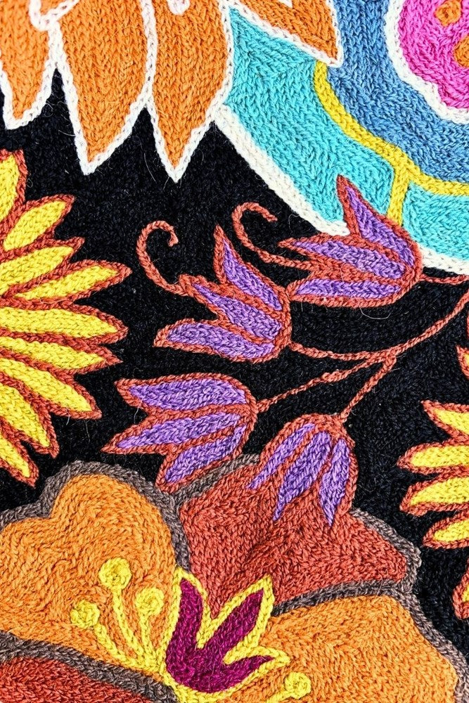 Botanical Cotton Embroidered Floral Cushion in Black