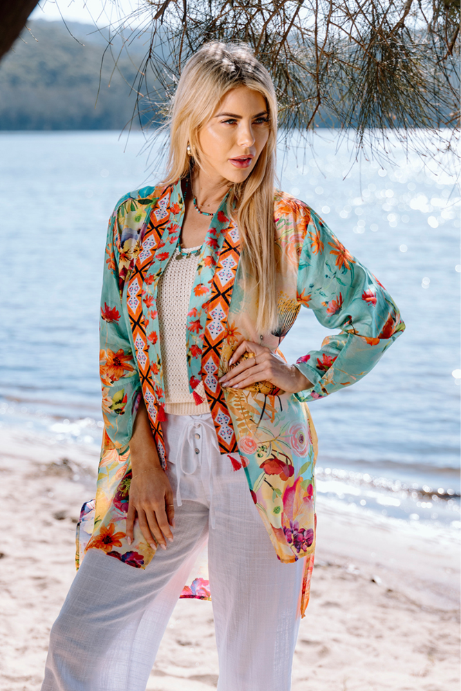 Shop Multi Colour Turquoise Desert Bloom Kimono By Cienna - Origen Imports