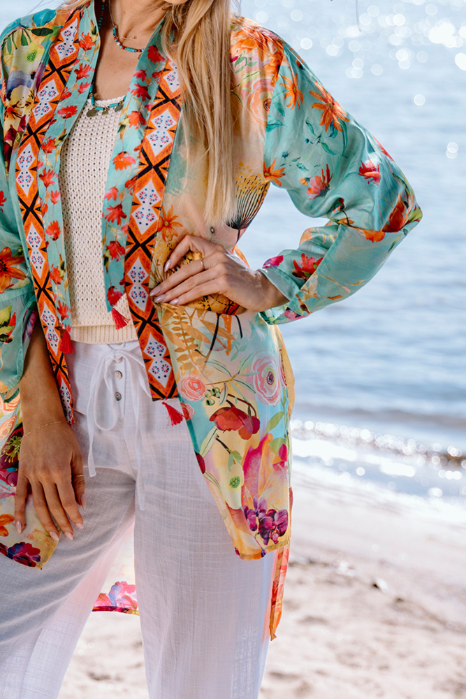Shop Multi Colour Turquoise Desert Bloom Kimono By Cienna - Origen Imports