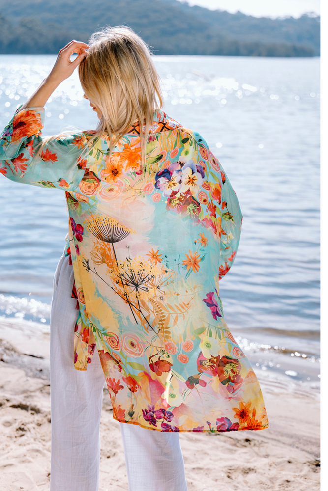 Shop Multi Colour Turquoise Desert Bloom Kimono By Cienna - Origen Imports