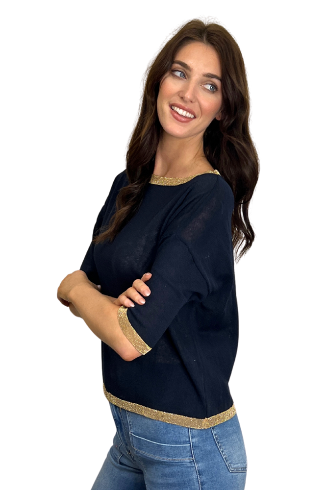 Shop Navy & Gold Lurex Knit Top By Urban Luxury - Origen Imports