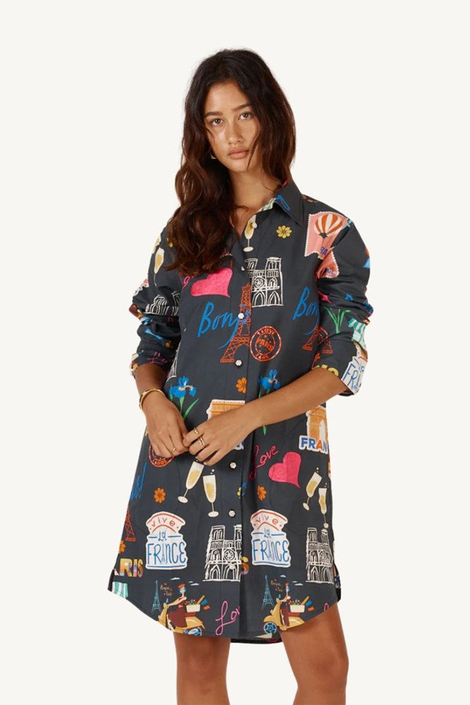 Shop Navy Bonjour Print Shirt Dress By Rubyyaya - Origen Imports