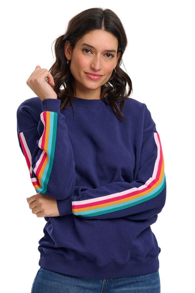 Shop Noah Sweatshirt by Sugarhill Brighton - Navy, Rainbow Trim - Origen Imports