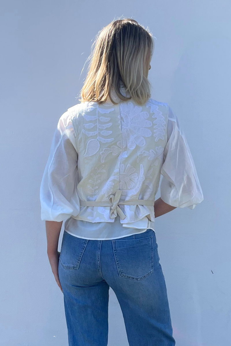 Shop Serenade Cotton Embroidered Vest By Origen - Off-White - Origen Imports