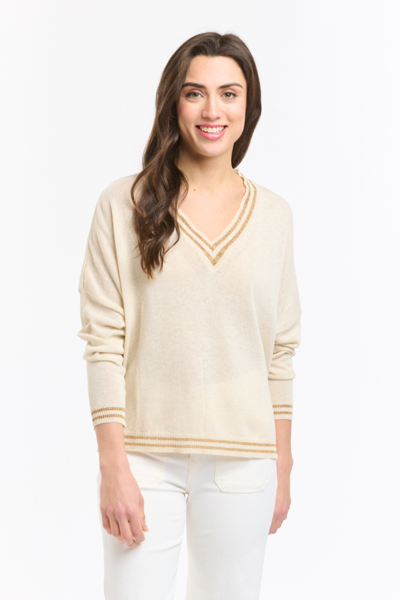 Shop Off White & Gold Lurex College Knit by Italian Star - Origen Imports