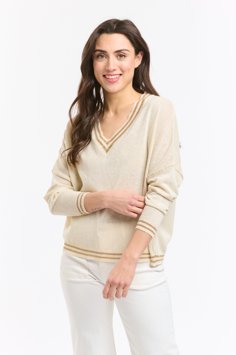 Shop Off White & Gold Lurex College Knit by Italian Star - Origen Imports