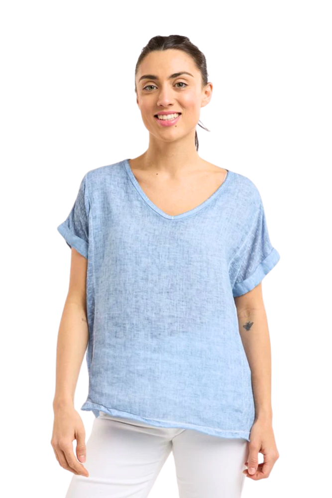Calypso V-Neck Short Sleeve Linen Top in Denim