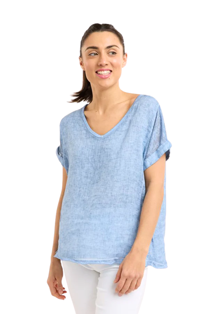 Calypso V-Neck Short Sleeve Linen Top in Denim