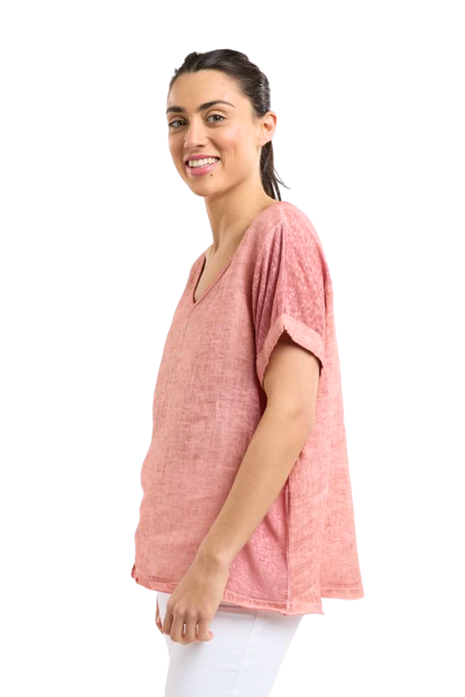Calypso V-Neck Short Sleeve Linen Top in Pepe Rosa
