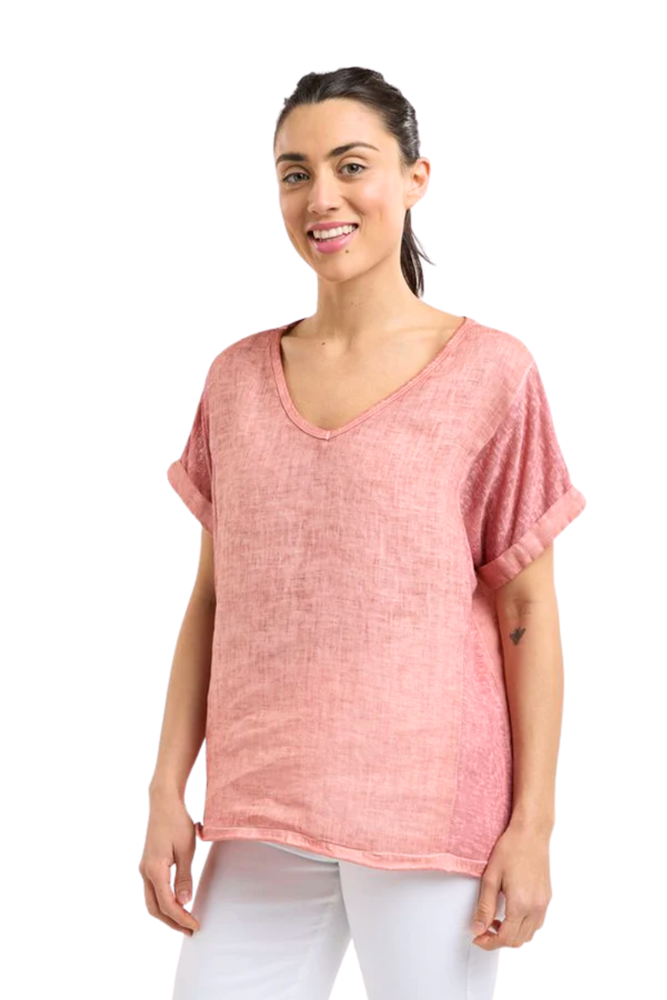Calypso V-Neck Short Sleeve Linen Top in Pepe Rosa