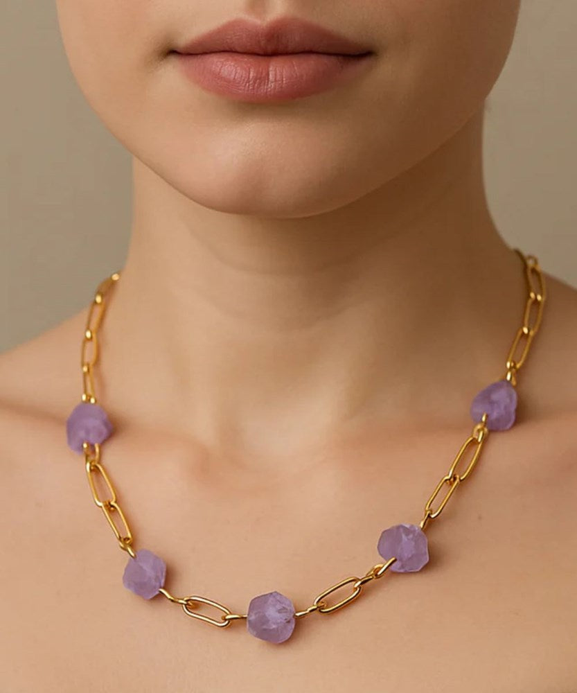 Revise gold link chain necklace- Amethyst