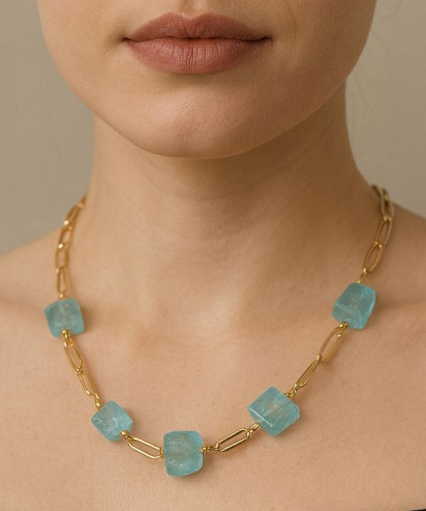 Revise gold link chain necklace- Aquamarine