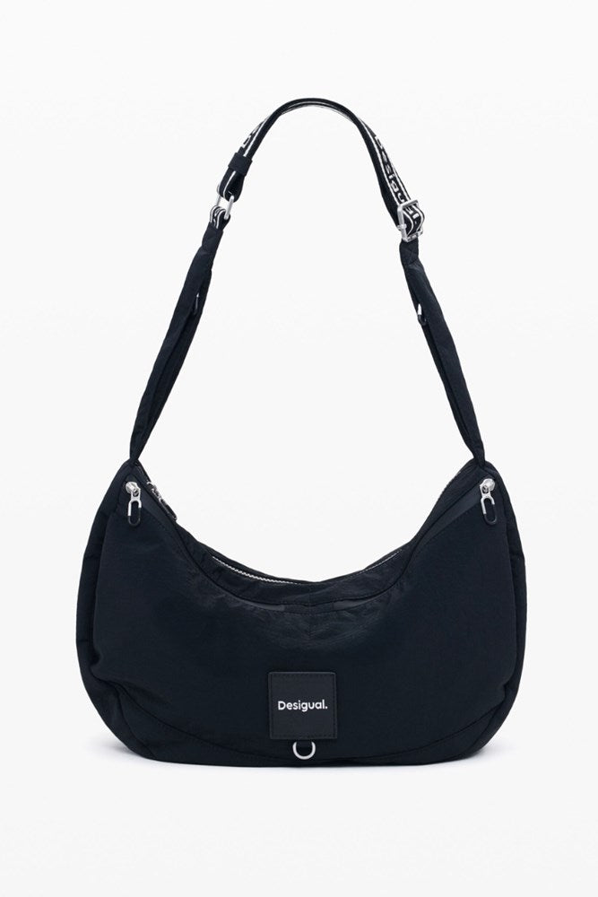 Black shoulder bag with visible brand logo on a white background