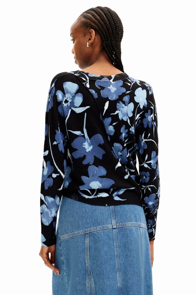 Shop Patchwork Black & Blue Floral Pullover SweaterBy Desigual - Origen Imports